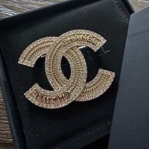 CHANEL Gold Crystal CC Logo Brooch